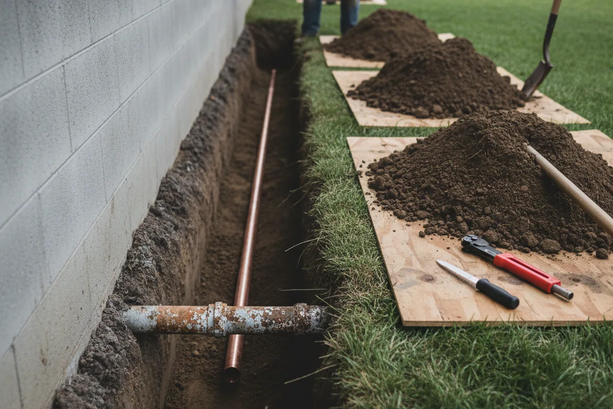 Excavated water line trench during Sewer Line Repair in North Brookfield